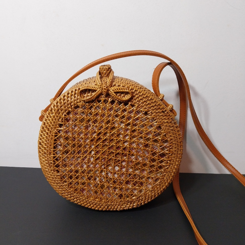 Anthropologie Round Woven Rattan Boho Crossbody Bag